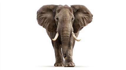 Fototapeta premium Powerful African elephant standing front view with large tusks isolated on white background