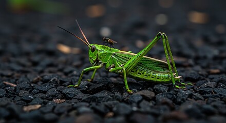 緑鮮やかなバッタが黒砂利の上を静かに歩く姿