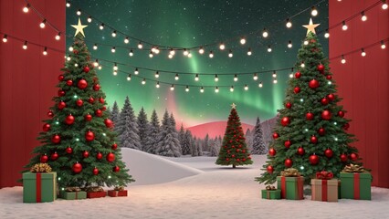 Xmas theme background with trees, aurora and gift