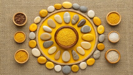 Still life photography of bee pollen grains in bowls with stones on yellow plate and burlap texture