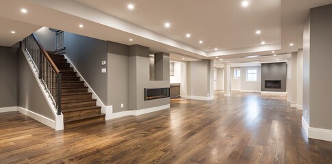 Modern Finished Basement with Fireplaces, Stairs, Recessed Lighting, and Hardwood Floors.