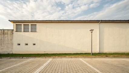Photo of an old house wall with a parking lot on the side of the road. It is a view of the sky and the wall together. It is used for decoration as a background. Just wall.