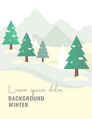 Vertical winter background with snowy fir trees, falling snow, and editable text space. Flat vector illustration perfect for seasonal greeting cards, posters, banners, and social media stories.


