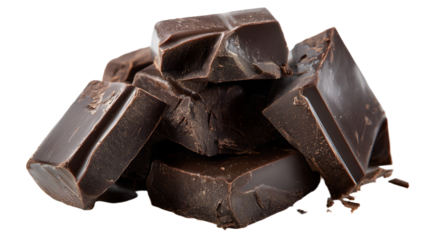 Dark chocolate chunks piled on a transparent background