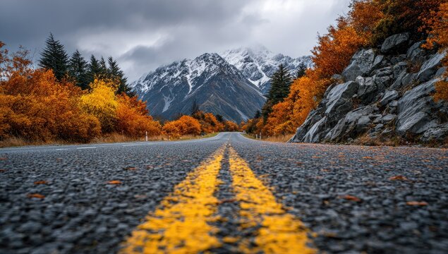 Autumnal mountain road.  Golden leaves line a paved road leading to snow-capped peaks