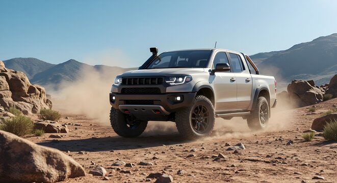 White pickup truck speeding through a dusty off-road desert trail surrounded by rocky terrain and mountains under a clear blue sky. Rugged adventure and outdoor exploration. - Powered by Adobe
