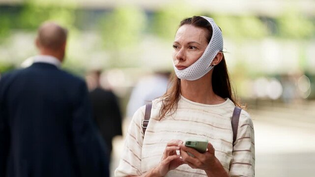 Woman looking down at smartphone, wearing post-surgery facial band, daylight city scene.