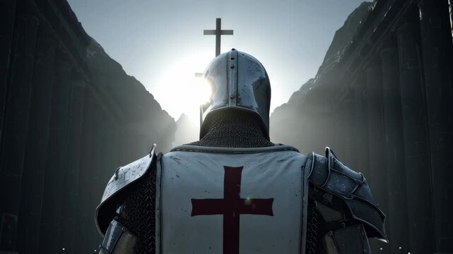 The Knight Templar walks in a futuristic setting with engraved details and sunlight illuminating the background