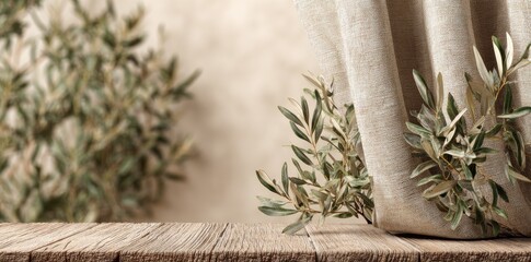 Rustic wooden table with olive branches and linen curtain