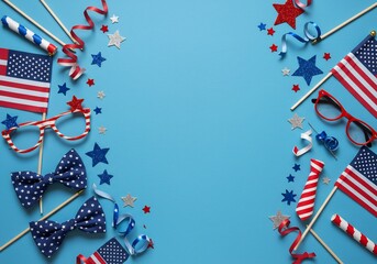 Fototapeta premium 青い背景に星条旗とパーティーグッズが華やかに飾られた祝祭空間