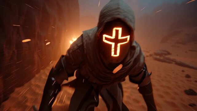 Epic action sequence featuring a crusader in a fiery desert battle at dusk