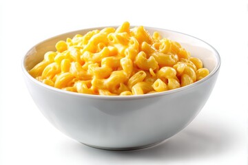 Bowl of creamy macaroni and cheese pasta dish isolated on white background