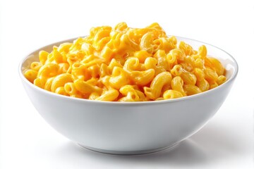 A delicious bowl of creamy macaroni and cheese isolated on white background