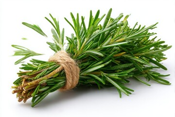 Fresh bunch of rosemary herb tied with twine isolated on white background