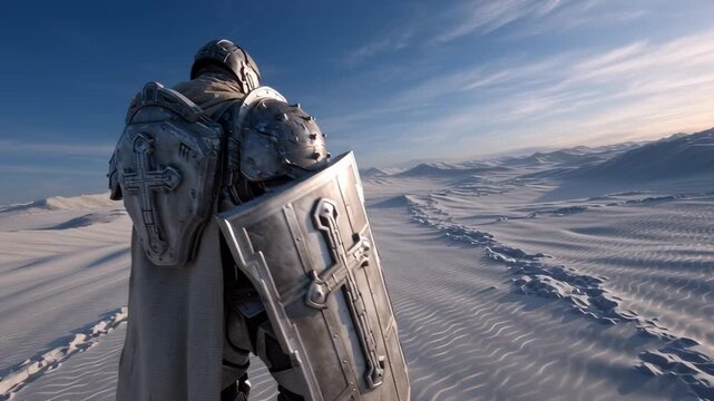 A templar soldier clad in futuristic armor walking atop ridge
