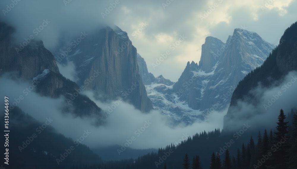 Poster misty mountain landscape with fog and trees in serene setting