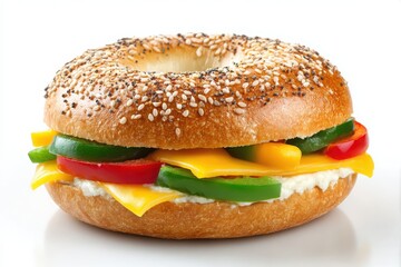 Delicious bagel sandwich with cream cheese jalapenos cheese and tomato isolated on white background