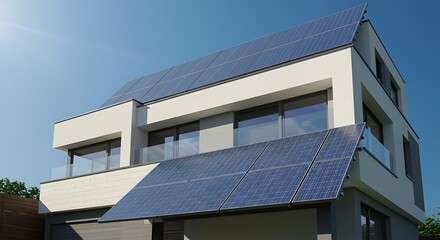 Fototapeta premium Solar panels adorn a modern city building's roof, reflecting the blue sky and urban architecture