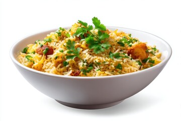 Delicious bowl of fluffy rice with herbs and spices isolated on white background