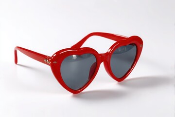 Bright red heart shaped sunglasses resting on a white background isolated on white background