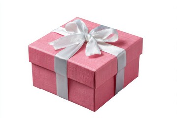 Pink gift box with white ribbon and bow isolated on white background