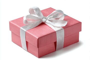 A small pink gift box tied with a silver ribbon and bow isolated on white background