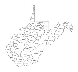 State of West Virginia, subdivided into 55 counties, outline map. State in the Southeastern and Mid-Atlantic regions of United States, nicknamed Mountain State. Contours with county names and borders.
