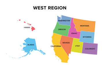West region of the United States, multi colored map. Geographic region of the USA, consisting of nine contiguous states, the semi-exclave Alaska, and the archipelago of Hawaii in the Pacific Ocean.