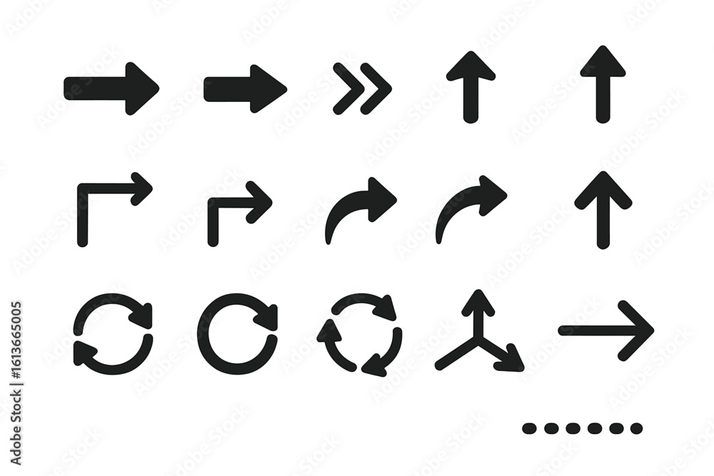 Poster bold black arrow icon set – solid forward, right-angle, curved, circular recycle, split route, navig