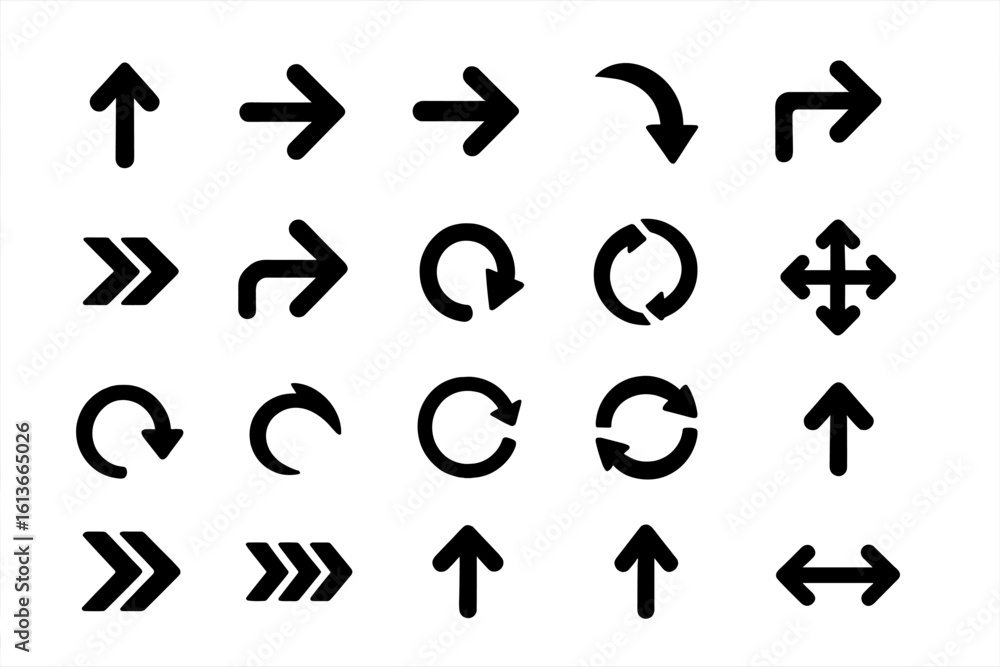 Poster bold directional arrow icon set for web navigation ui, cursor pointer, infographic flow, loop reload