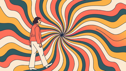 Retro Woman Walking into Swirling Psychedelic Vortex Illustration 70s Style Vintage Art Graphic Design