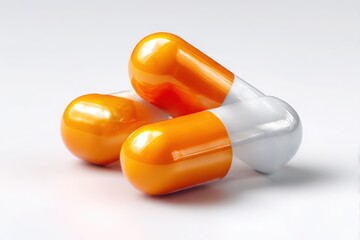 Three orange and white medical capsules grouped together isolated on white background