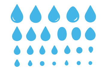 Water Droplet Icon Set Vector — Glossy Blue Liquid Drops, Different Shapes and Sizes, Raindrop Symbols, Splash Elements, Transparent Background, UI Weather App Pictogram Pack