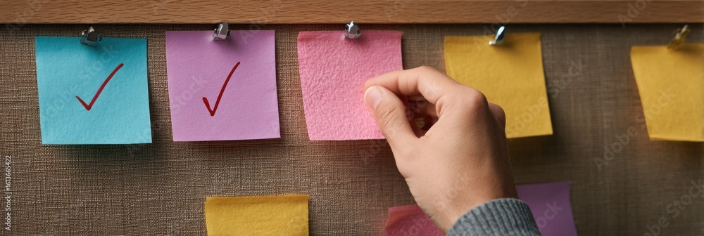 Poster hand pinning checklist notes to a bulletin board while organizing reminders with clear spaces for pr