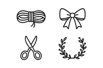 Botanical arrangement accessories icon set in clean outline style – craft twine coil, gift ribbon bow, florist scissors, laurel leaf wreath element – minimal vector symbols for DIY floral design