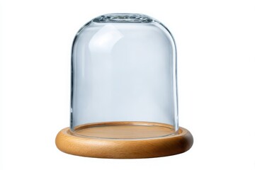 Empty glass cloche with wooden base isolated on white background