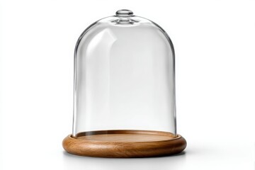 Clear glass bell jar cloche with wooden base isolated on white background