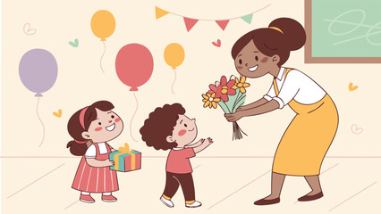 Cute cartoon illustration of a loving mother and her child enjoying summer fun