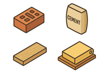 Isometric construction material icons set—orange hollow clay brick, cement sack, lumber plank board, yellow insulation foam sheet—4 modern outline vector illustrations for building supply design