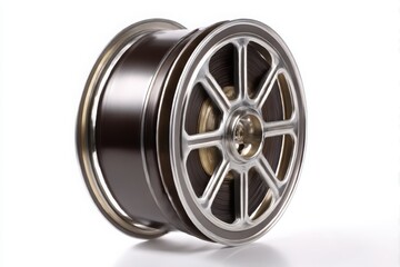 Close up of a polished chrome alloy car wheel with a complex spoke design isolated on white background