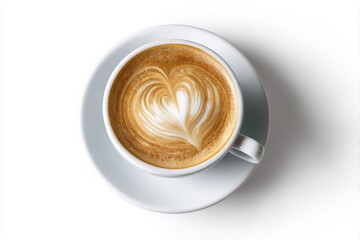 A delicious latte with heart shaped foam art in a white cup isolated on white background