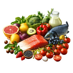 Vibrant Nutrition Still Life Abundant Healthy Foods including Fresh on transparent background