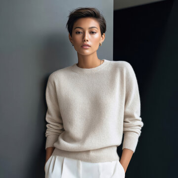 short hair female model in round sweater