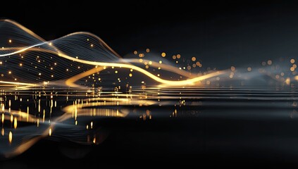 Abstract digital waves of gold and gray, reflecting on a dark surface