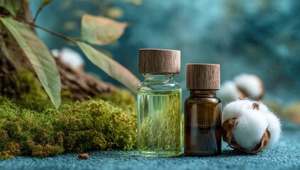 Two glass bottles of liquid, likely essential oils, sit amongst moss, driftwood, and cotton bolls