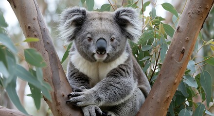 Obraz premium Adorable koala bear resting comfortably in eucalyptus tree branches