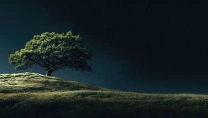 Lonely tree atop a grassy hill under a dark sky