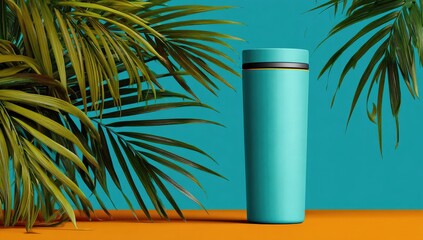 Teal tumbler surrounded by tropical leaves