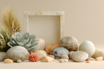 Serene still life of natural elements and a blank frame
