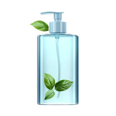 Clear blue soap dispenser adorned with vibrant green leaves a symbol of on transparent background